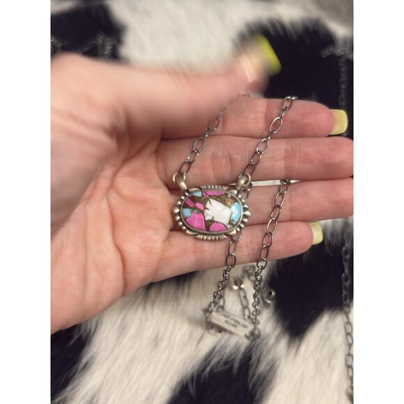 Native American SW Sterling Silver Cotton Candy Turquoise Oval Bar Necklace - Picture 5 of 7